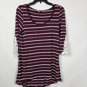Vanity M Maroon Stripe Lace Sleeve 3/4 Tunic Top